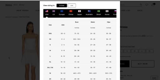 A dense ecommerce size chart overlaying a product page on mobile.