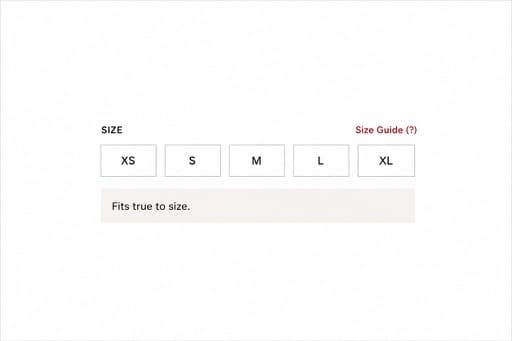 A product size selector with XS to XL and a vague Fits true to size note.