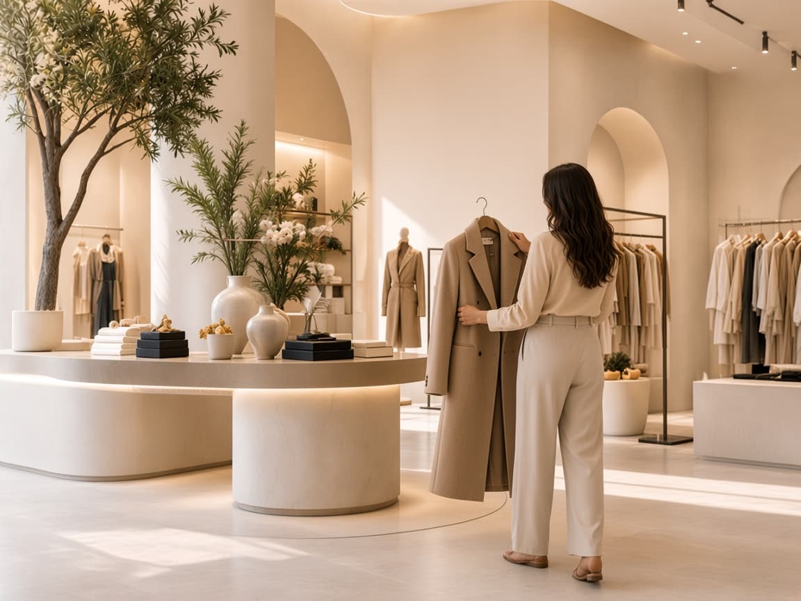A shopper in a cream boutique examining the fit of a camel coat.
