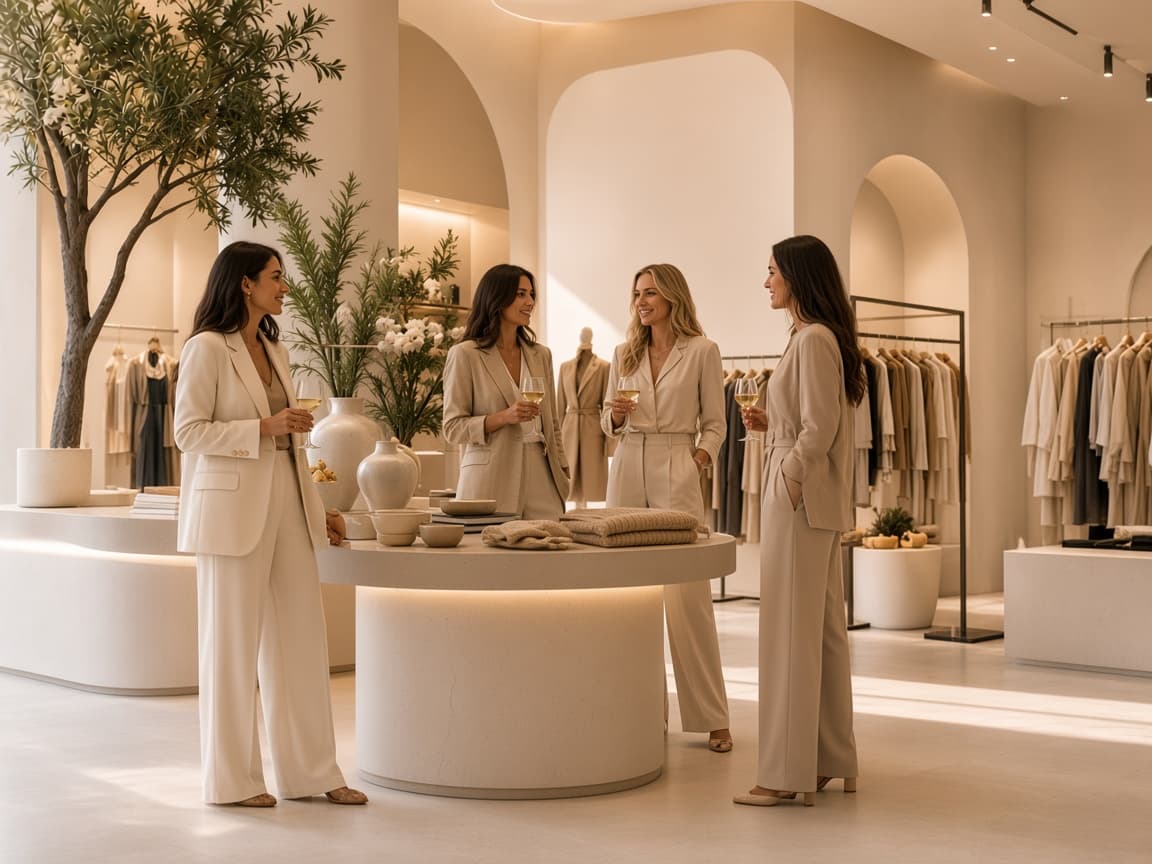 Four people gathered around a circular display table in a pale boutique.