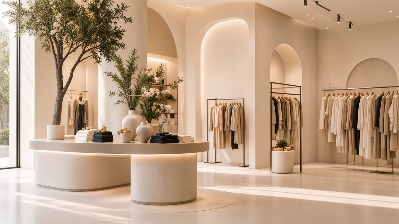 A quiet showroom with a lit display table and clothing rails.