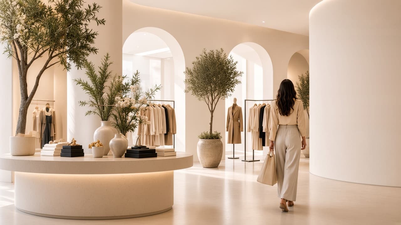 A shopper walking through a light-filled fashion boutique.