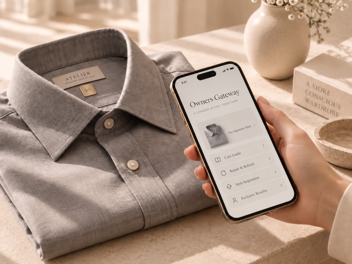 A folded grey Atelier shirt beside a hand holding a phone showing Owners Gateway and a ceramic vase.