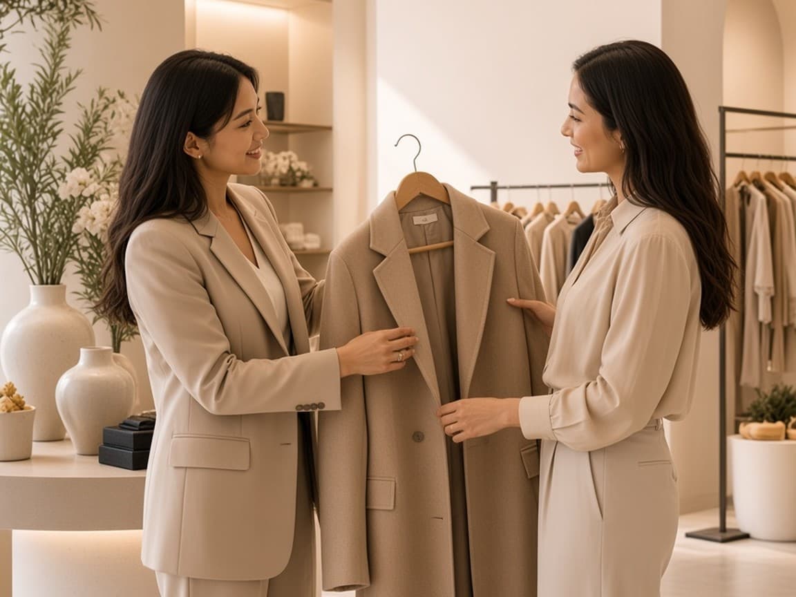 A stylist and a customer examining a camel coat together in a cream boutique.