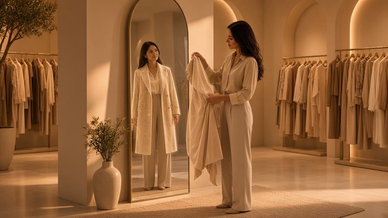 A shopper using a digital mirror while browsing clothes in a boutique.