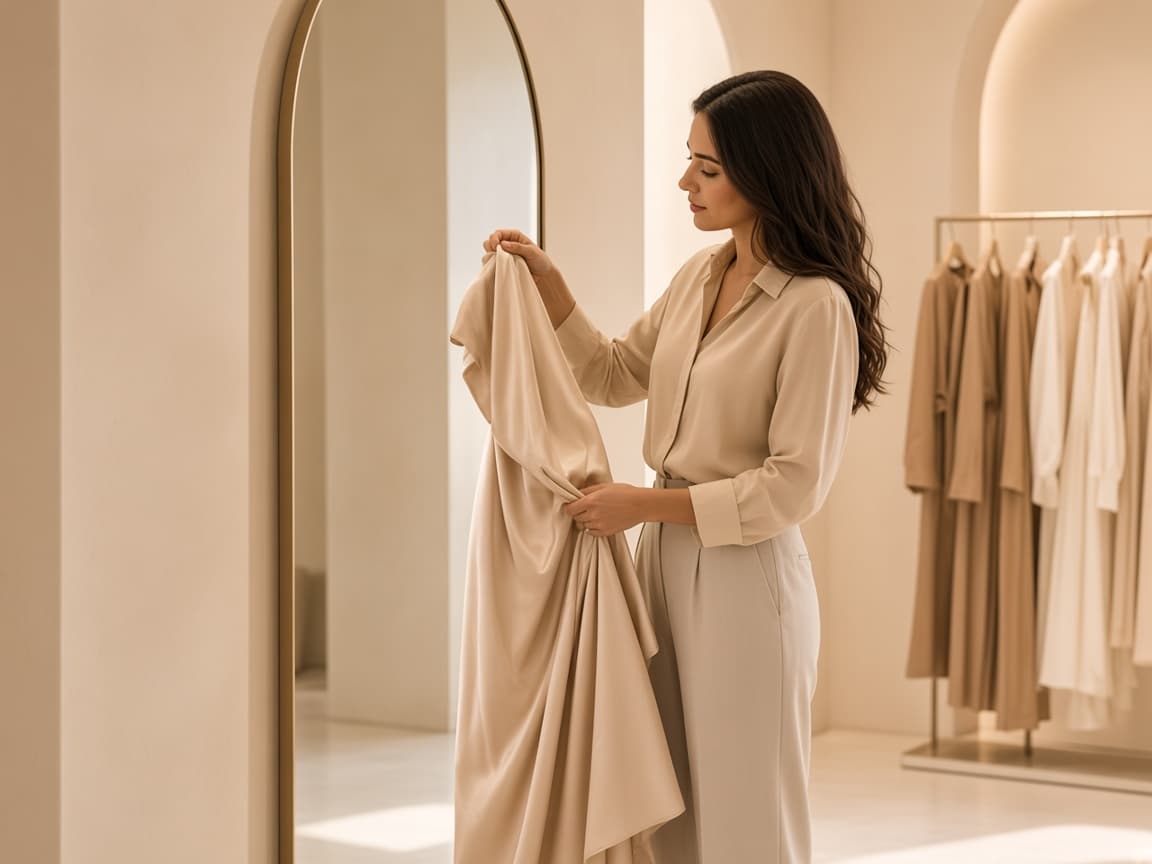 A customer checking the drape of a silk garment beside a boutique mirror.
