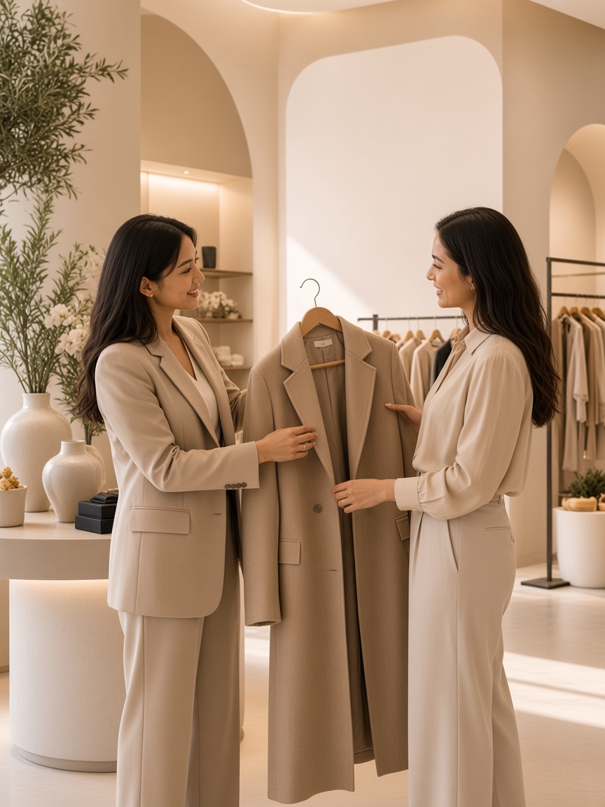 Two people examining a camel coat together in a cream boutique.