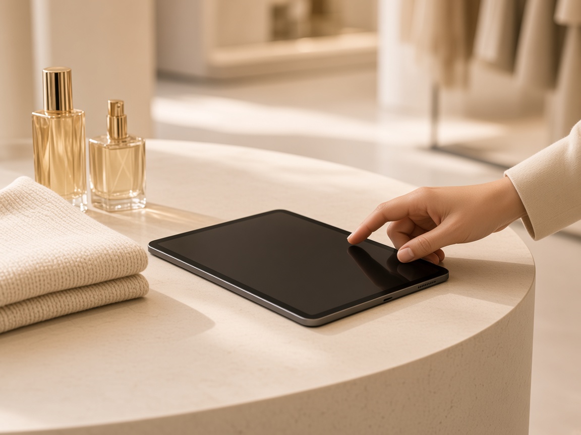 A hand reaching toward a tablet on a stone boutique table.